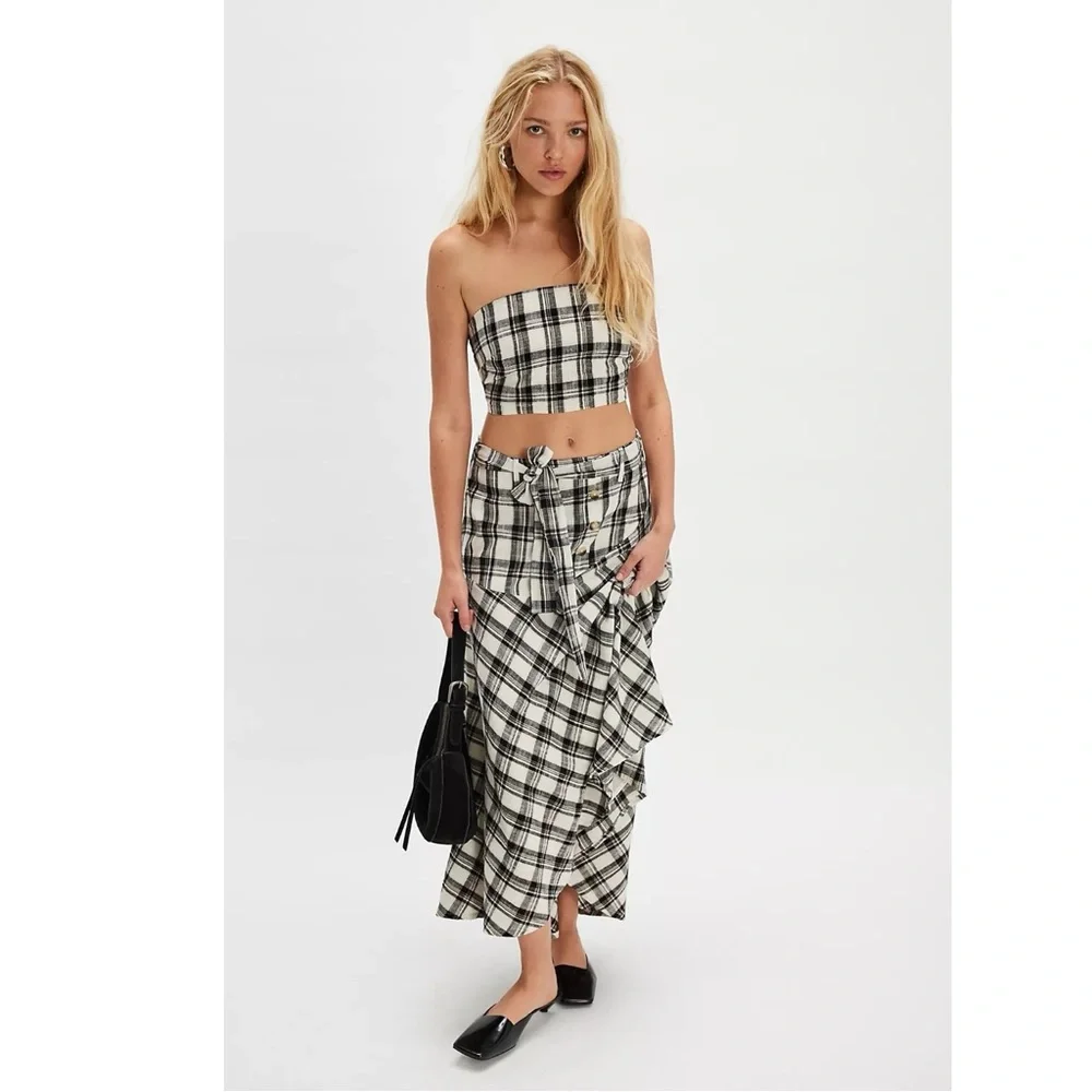 Free People Gingham Plaid Picnic After You Set Maxi Skirt Tube Top NWT Small